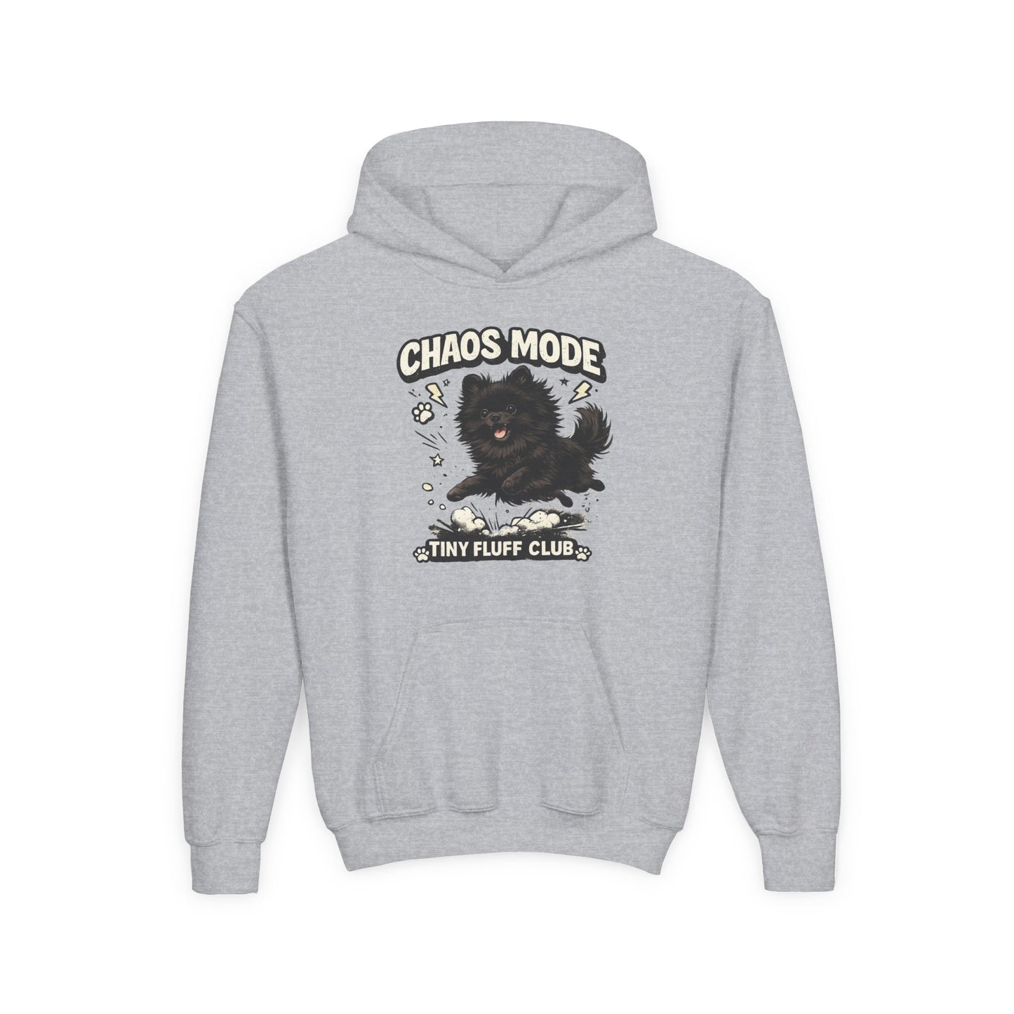 Kids Hoodie — "Chaos Mode" Tiny Fluff Club Black Dog Graphic