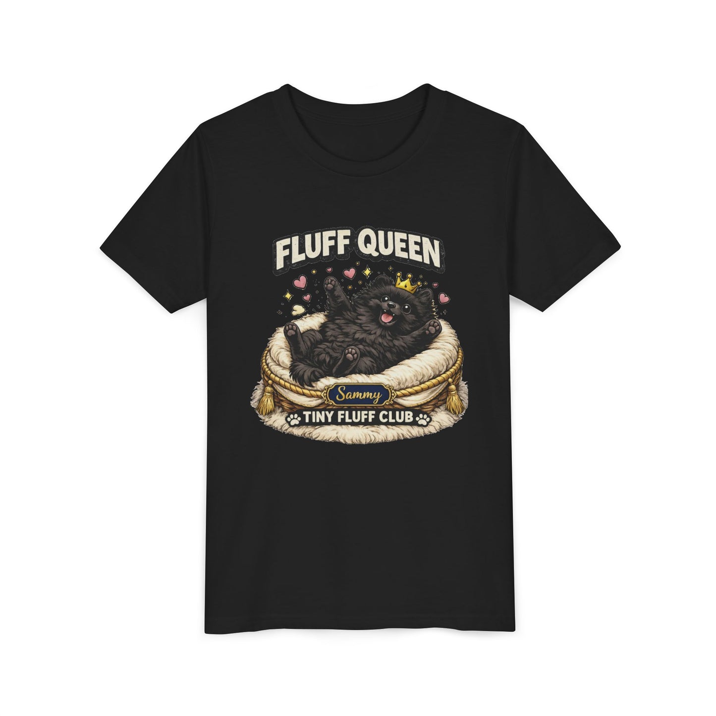 Fluff Queen Sammy Youth Tee — "Tiny Fluff Club" Black Pomeranian Design