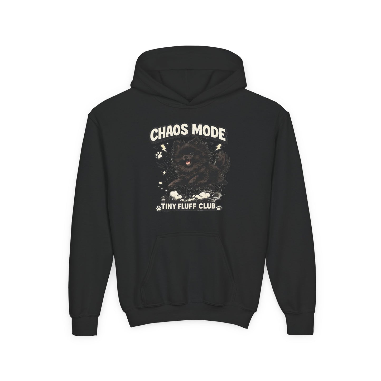 Kids Hoodie — "Chaos Mode" Tiny Fluff Club Black Dog Graphic