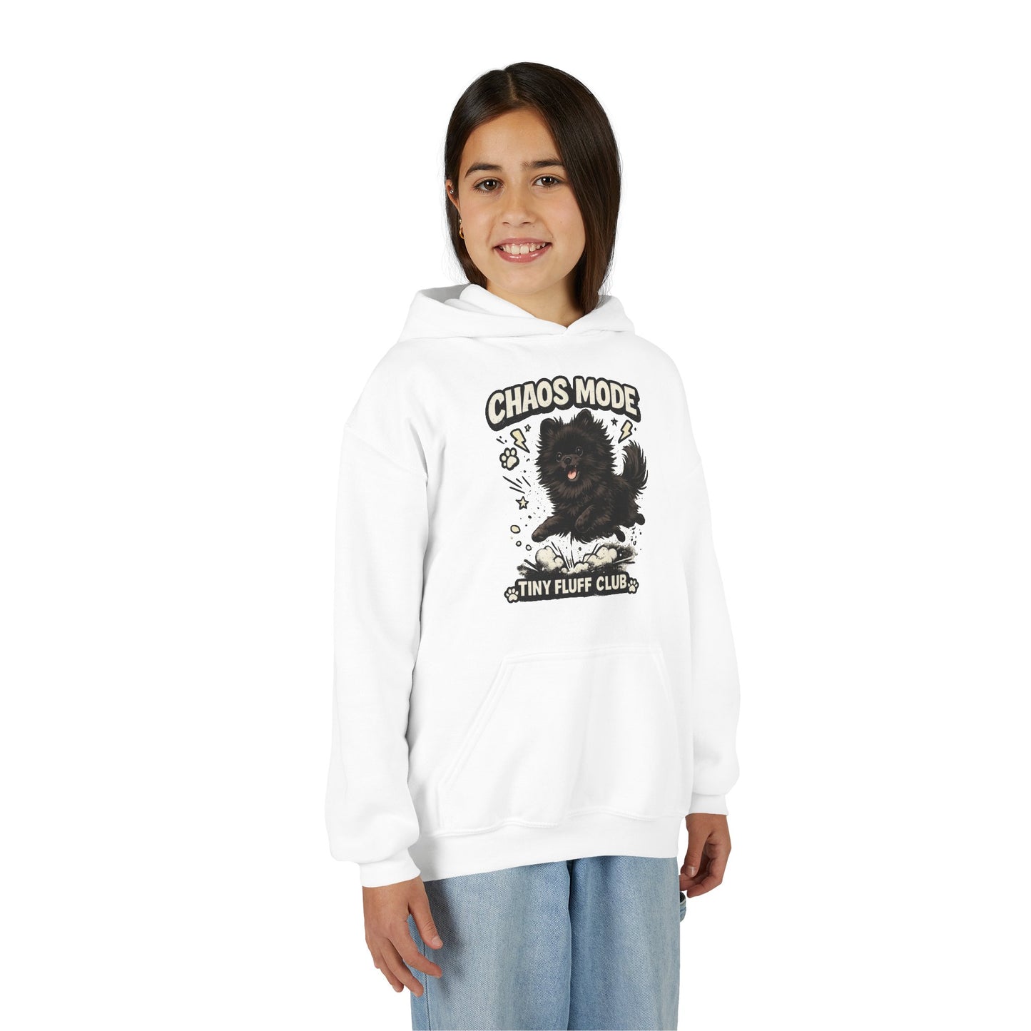 Kids Hoodie — "Chaos Mode" Tiny Fluff Club Black Dog Graphic