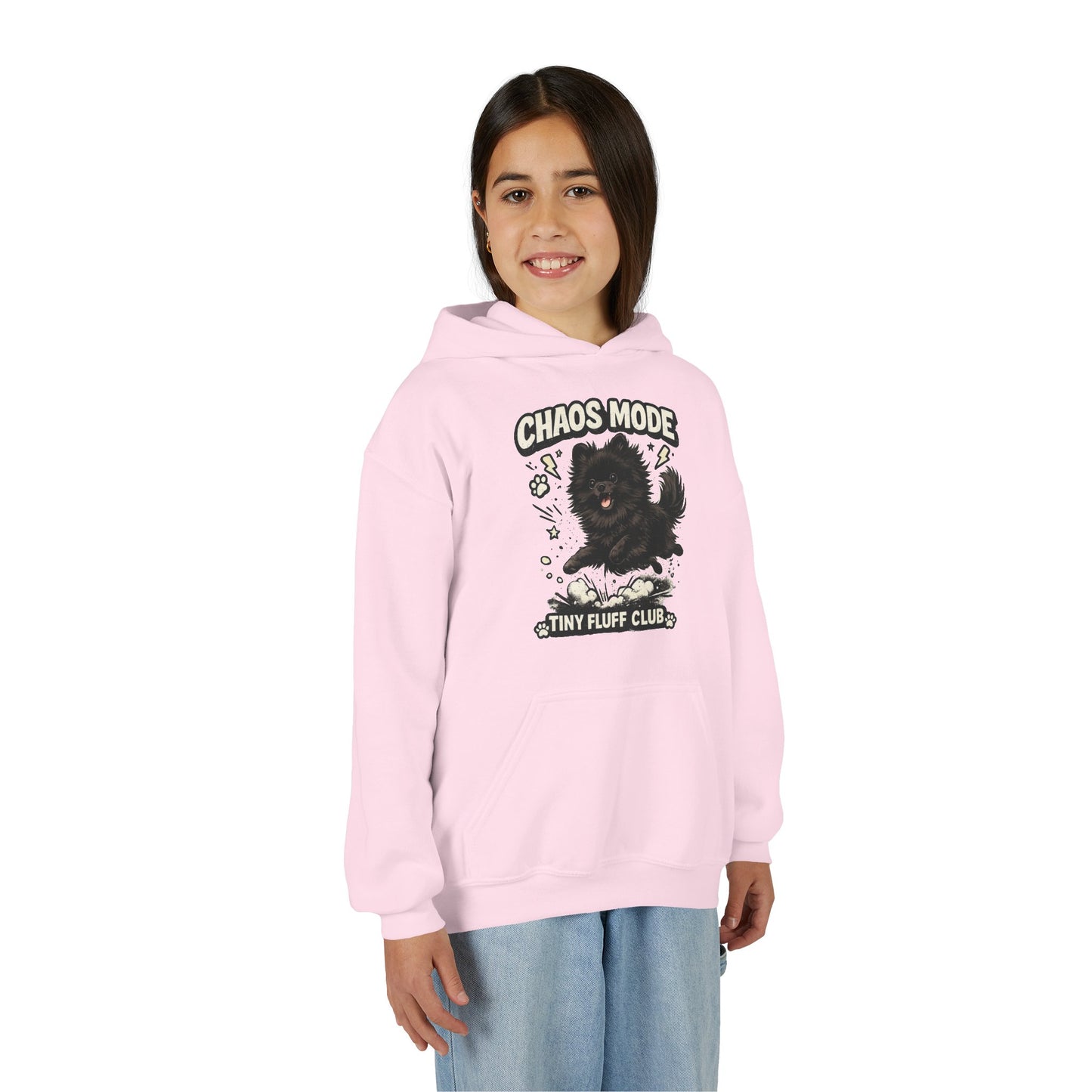 Kids Hoodie — "Chaos Mode" Tiny Fluff Club Black Dog Graphic